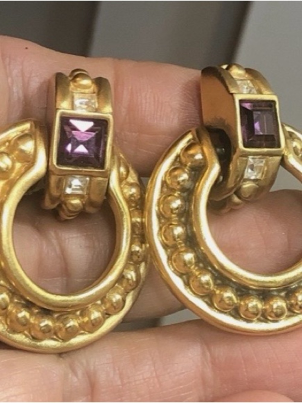 Givenchy Gold-Tone Hoop Earrings with Purple Square Stones